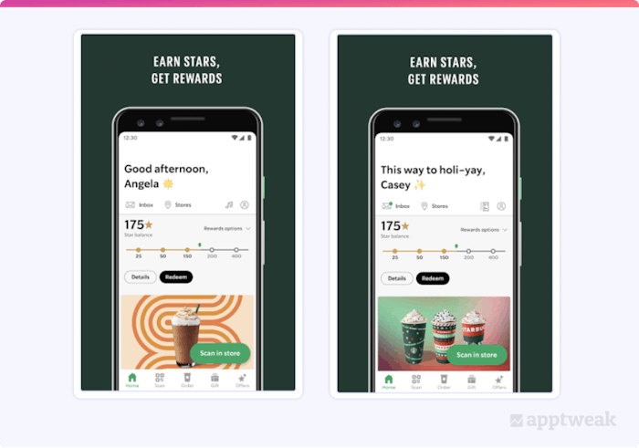 While Starbucks didn’t make a huge change to its images, the team switched the featured drinks in their graphics as well as some copy (“This way to holi-yay”) to reflect Starbucks’ seasonal offerings without detracting from its traditional branding. 